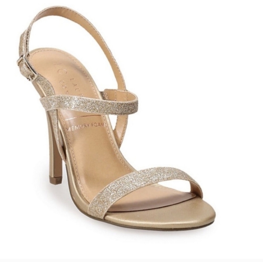Lc Lauren Conrad Hazelnuts Gold Shimmer Double Strap Stiletto Heels. Size
